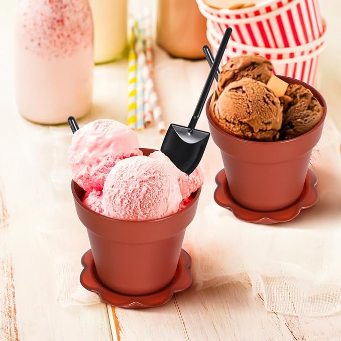 Garneck 20pcs Mini Flower Pot Dessert Cups with Lids Shovel Spoons and Bottom Tray Plastic Small Cake Cup for Construction Birthday Baby Shower Summer Ice Cream Yogurt Mousse Pudding