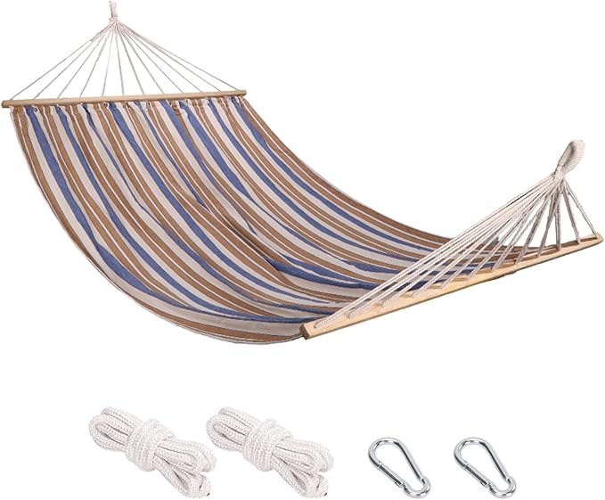 Hammock, Portable with Extension Pole, Cotton Rope Double Hammock, 770 lbs Capacity, Suitable for Patio, Backyard, Garden, and Beach (Brown, Blue, and White Stripes)