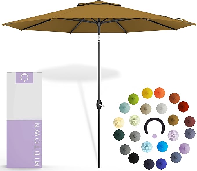 Midtown Umbrellas 10-Year-No-Fade - 8 Ft - UV Proof Sand (Tan) Polyester Fabric - Umbrella Outdoor Patio, Auto-Tilt Aluminum Frame Patio Umbrella for Garden, Pool & Deck - Black Pole