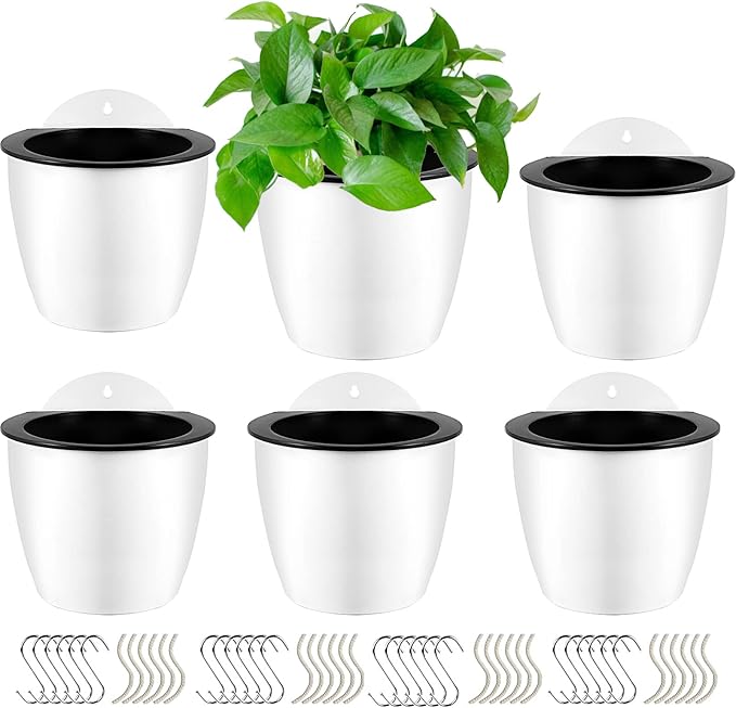 HOIGON 6 Pack 7 Inch Self Water Hanging Plants Pots, Self Watering Wall Hanging Plastic Planters with S-Hooks and Wicks, Lazy Flower Pot for Indoor Outdoor Orchids African Violet, White
