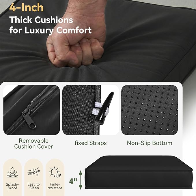 Aoxun Patio Furniture Cushions for Outdoor Furniture Set of 4, Thick Replacement Patio Couch Cushions for Outdoor Furniture, 7-Piece Splashproof Fade Resistant Outdoor Couch Cushions, Black