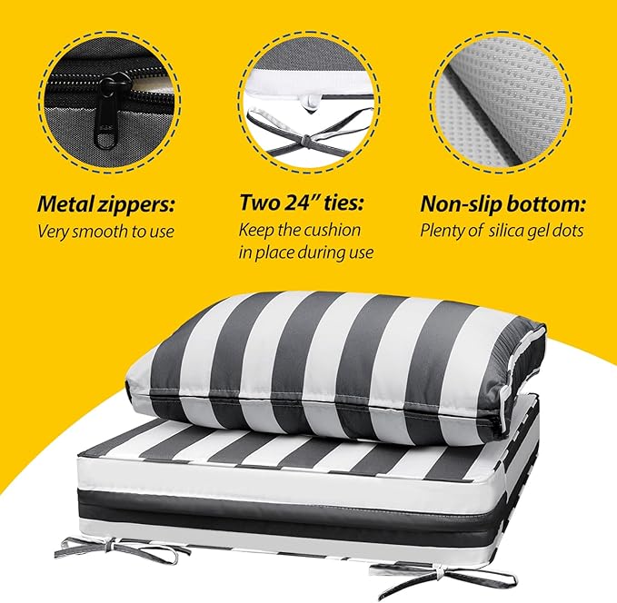 AAAAAcessories Outdoor Seat Cushions for Chairs, Fade-Resistant, Waterproof Patio Furniture Replacement Cushions, 23" x 23" x 5" + 23" x 13.5", Gray Cabana Stripe