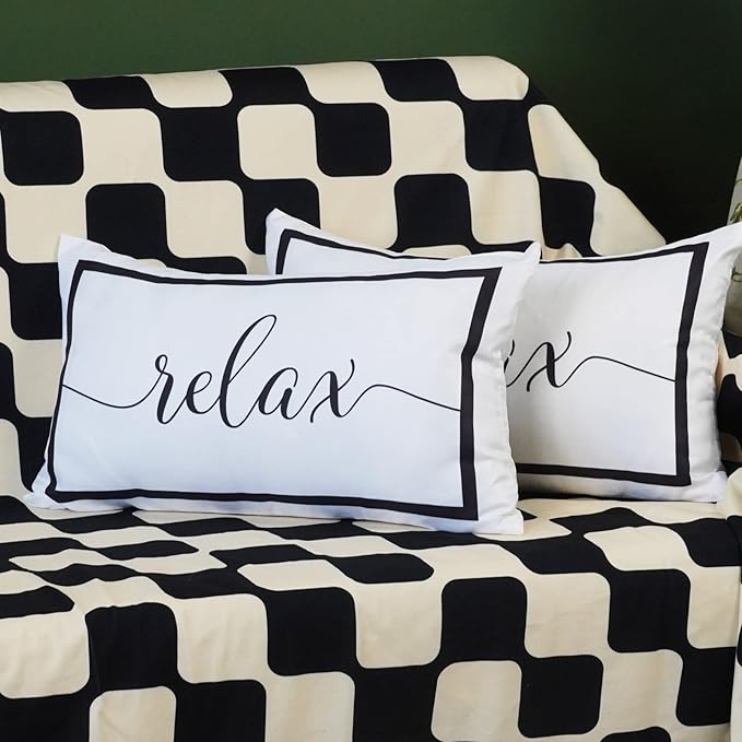 ONWAY Outdoor Waterproof Throw Pillow Covers 12x20 Set of 2 White and Black Relax Decorative Pillowcase for Patio Furniture Garden Couch Tent Balcony