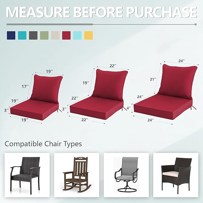 19x19 Inch Patio Chair Cushions Set of 2, Outdoor Furniture Cushions - Removable Cover, Water-Repellent, Fade-Resistant, Non-Slip Bottom & Straps, Replacement for Lawn, Porch & Deck Chair - Burgundy