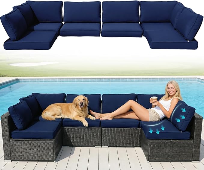 Patio Furniture Cushions,14Pieces Water-Resistant Outdoor Replacement Cushions,Sectional Sofa Cushions for Fits 6-Seats Rattan Wicker Patio Conversation Sets(Dark Blue)