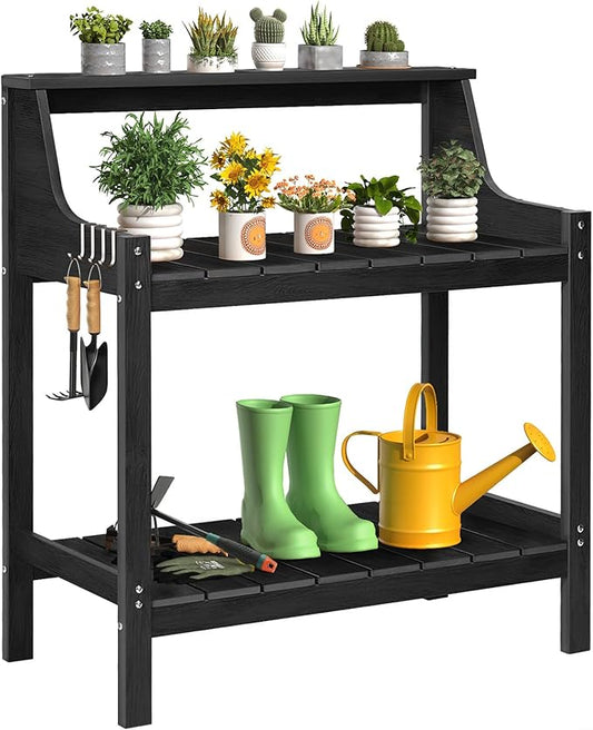 ONBRILL Potting Bench, HDPS Potting Bench with 4 Side Hooks, All-Weather Garden Table Work Station, Outdoor Potting Table for Porch, No Rust, No Fade, No Break, 360lbs Capacity (Black, Large)