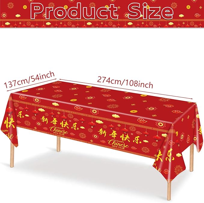 3 Pieces Chinese New Year Tablecloth - 54 x108 Inches Disposable Red Plastic Table Cover with Lanterns and Fireworks for Lunar New Year Party Supplies, Spring Festival Table Cloth Decorations