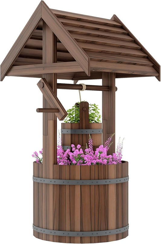 Outsunny Wooden Wishing Well Planter with Adjustable Hanging Bucket, Rustic Wishing Well for Outside, Decorative Flower Planter with Drainage Hole for Garden Patio, Carbonized