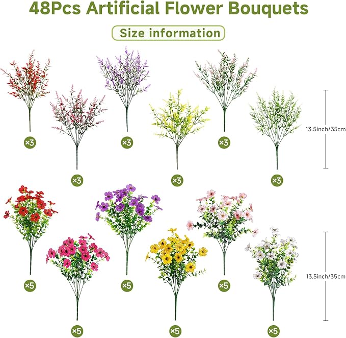 SHareconn 48 Bundles Artificial Flowers for Outdoors Decoration, Faux Plants Fake Silk Colorful Daisy Eucalyptus Lavender,UV Resistant for Outside Home indoor Spring Decor,RedRosyPurpleYellowPinkWhite