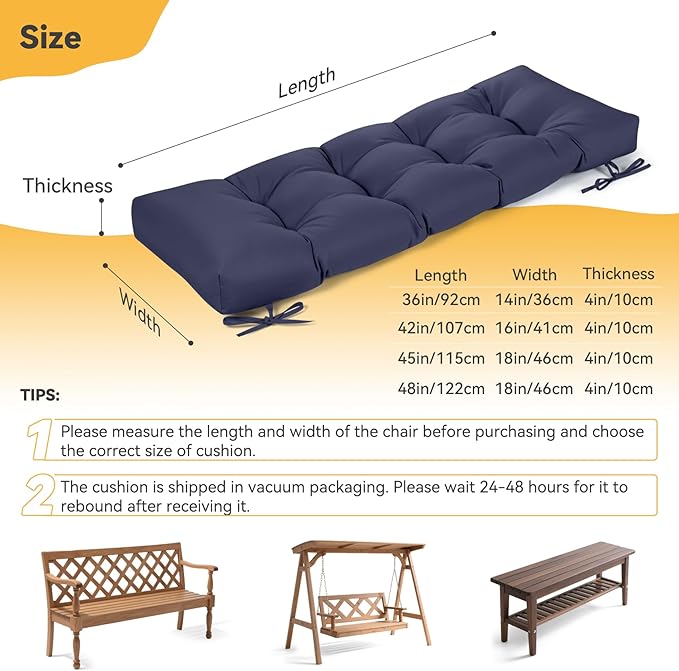 ROFIELTY Outdoor Bench Cushion, Waterproof/Sun-Proof Fabric, Tufted Bench Cushion with 2 Ties, Suitable for Outdoor Garden Bench/Swing/Indoor Furniture (Navy Blue, 45×18×4)
