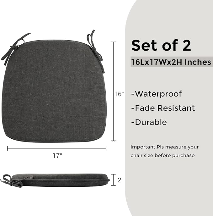 Outdoor Chair Cushions Set of 2,Patio Seat Cushion 17"x16"x2",U-Shaped Dining Chair Cushion 17 by 16 Inch,Water Resistant,Fade-Resistant Chair Pads for Kitchen Garden Furniture(Charcoal Gray)