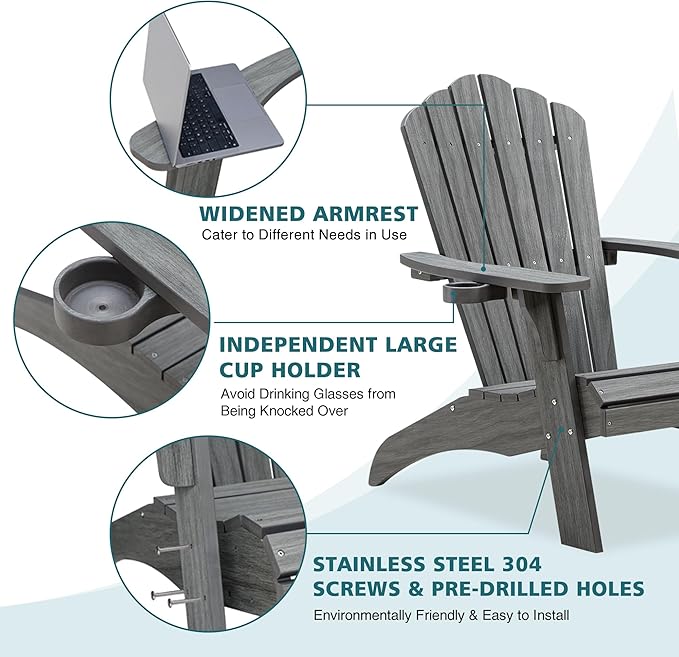 Psilvam Oversized Adirondack Chair, Fade-Resistant & Odor-Free Poly Lumber Fire Pit Chairs with Cup Holder, Weatherproof Outdoor Chair, Easy 15 Min Install Patio Chair, 350 Lbs Support (4, Gray)