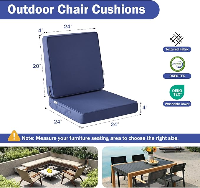 Outdoor Cushions, Outdoor Chair Cushions 24x24x4 Inch, Cushions for Outdoor Furniture with Removable Cover, Waterproof & Fade Resistant Outdoor Seat Cushions for Patio, Lawn, Navy Blue