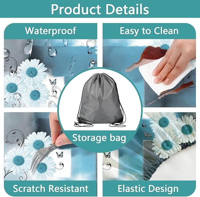 Picnic Table Cover with Bench Covers and Bag, Daisy Outdoor Waterproof Windproof Tablecloth with Elastic Edges. Camping Accessories RV Gear Campers Must Have 96x30 Inches 3 Pcs Set (Teal)