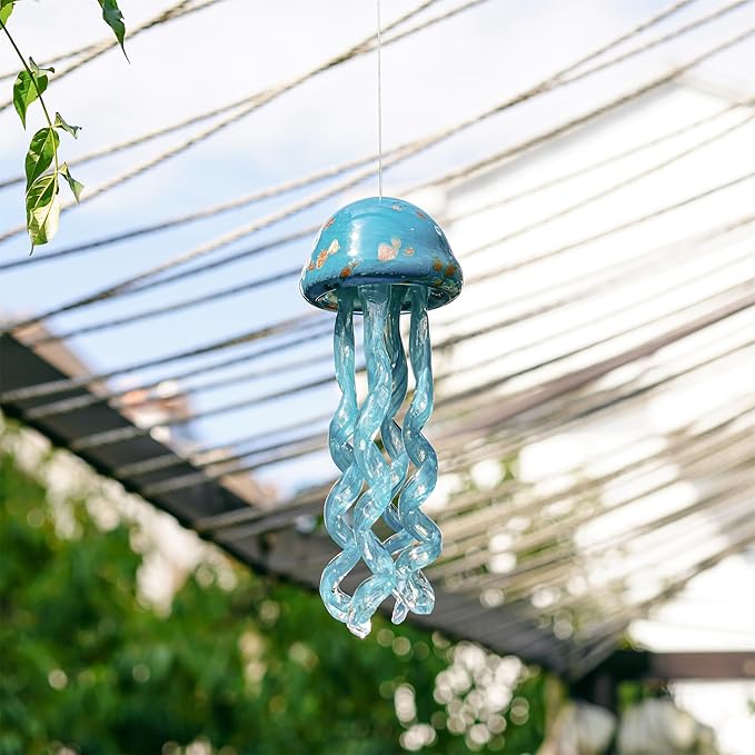 Handblown Art Glass Jellyfish Wind Chime,Glass Jellyfish Hanging Sun Catcher Wind Chime,Wind Chimes for Outside,Sea Glass Blown Wind Chimes for Beach Party,Wedding Decor(Aqua Blue)