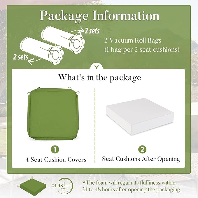 Basic Beyond Outdoor Chair Cushions for Patio Furniture, Waterproof Outdoor Seat Cushions Set of 4 19 x 19, Patio Chair Cushions Set of 4 with Ties and Handle, Grass Green