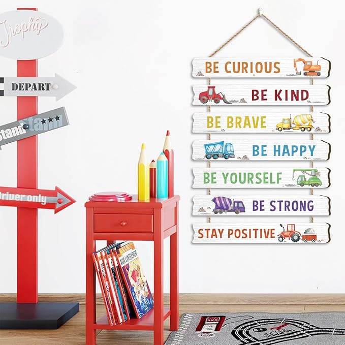 HLNIUC Construction Room Decor for Boys,Motivational Transportation Positive Quotes Hanging Plaque,Cartoon Truck Wall Art,Inspiring Classic Vehicle Hanging Sign for Kids Room Playroom Nursery Decor