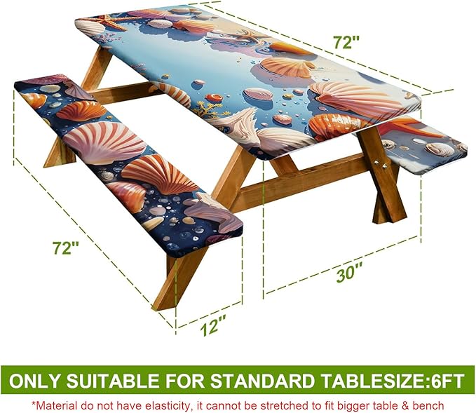 Coastal Picnic Table Cover with Bench Covers Set of 3 - Ocean Theme with Starfish & Shells Print, Elastic Fitted Tablecloth for 6 Ft Tables, Washable Polyester Cover for Patio, Indoor & Outdoor