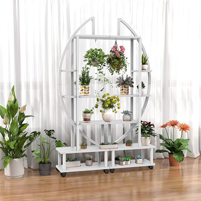 2 Pcs 6 Tier Tall Metal Indoor Plant Stand with Detachable Wheels, Plant Shelf Holder for Outdoor Clearance with Hanging Loop, Half-Moon-Shaped Multi-Purpose Plant Stands for Home Decor, Balcony,