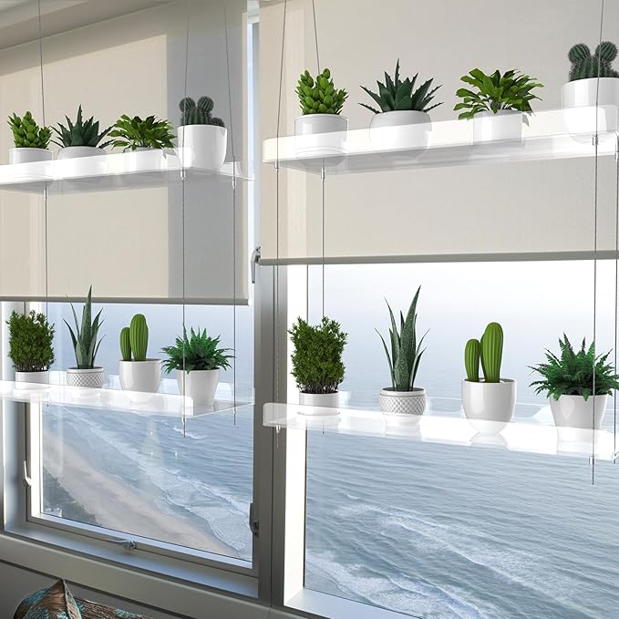 2-Pack Hanging Clear Plant Shelves for Windows, Acrylic Window Wall Plant Stand Shelf for Kitchen Indoor Gardens, Flower, Herb, Seedling Organization, and Pots Display, 16 Inch per Tier