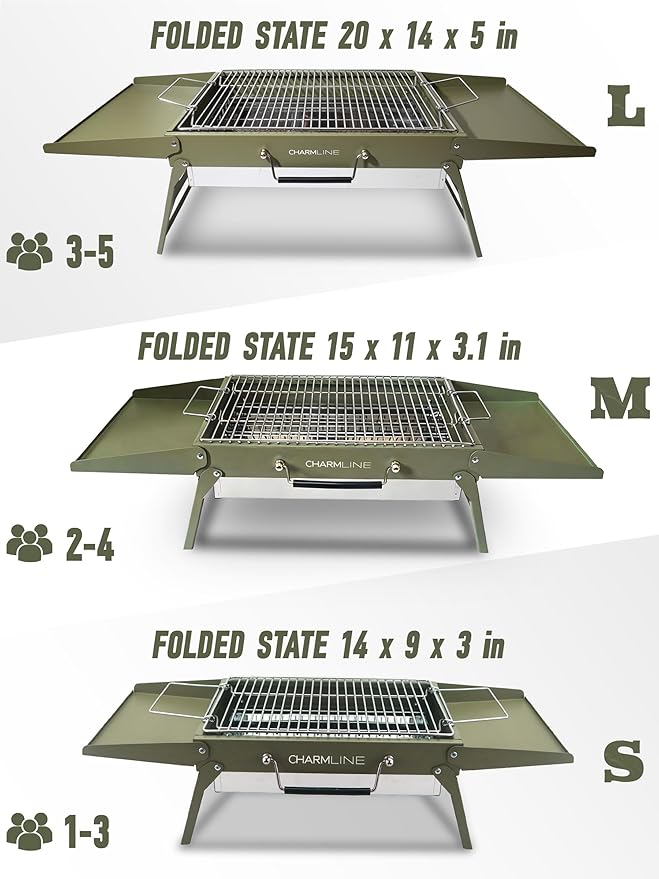 Charmline 15x11 inches Portable Charcoal Grill, Compact Portable BBQ Grill, Tabletop Charcoal Grills for Camping, Picnics, Gardens and Beach Parties, Green