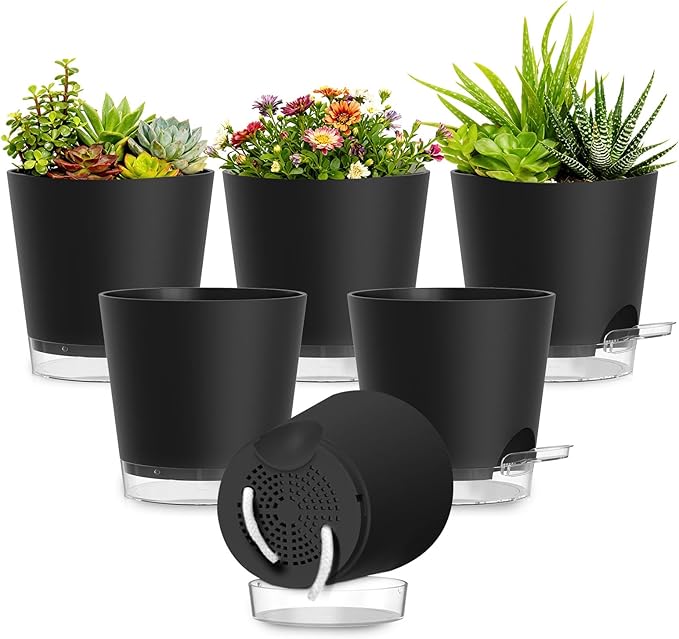 Plant Pots 5 Inch Self Watering Pots,6 Pack Plastic Planters with Drainage Holes and Clear Saucers,Plastic Flower Pots,Nursery Planting Pot for Indoor Out Door Plants (Black)