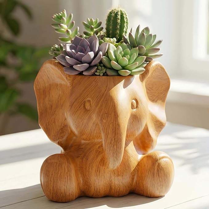 Small Plant Container | Unique Resin Flower Pot Sculpture | Succulent Flower Pot | White Elephant Gifts for Women | Perfect Plant & Elephant Gifts | Indoor & Outdoor Use (Wood Grain)