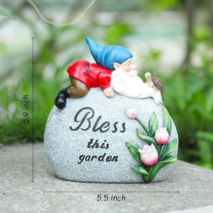 Garden Stones Statues Outdoor Decor, Novelty Gnome Garden Sculptures Stones Statue with Flower and Turtle Figurine Decoration for Patio Yard Porch Art Home Decor