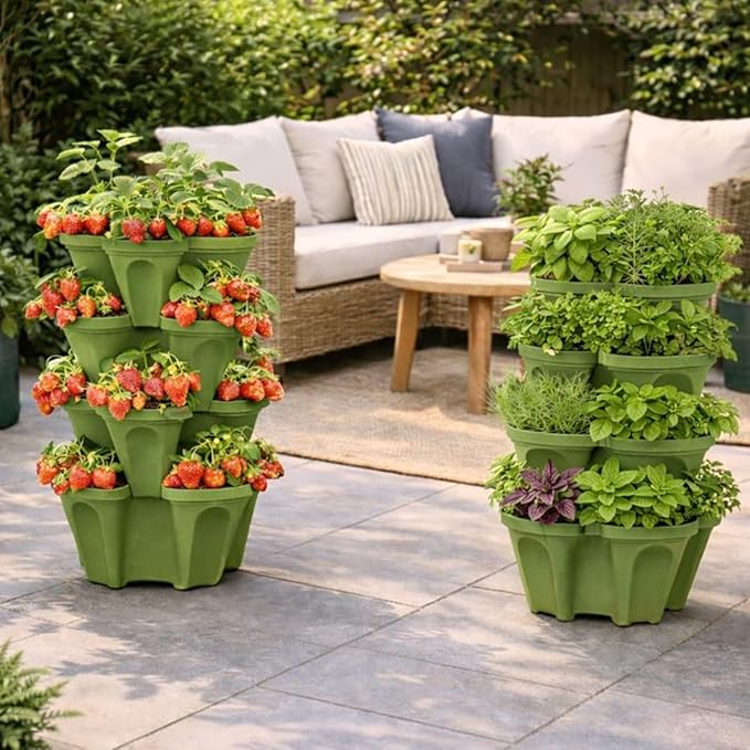 Vertical Garden Planter 4 Tier Stackable System 16 Plants, Space Saving Herb, Strawberry & Food Crop Planter with Center Support Hole for Indoor Outdoor Gardening (8, Sagebrush Green, Small)