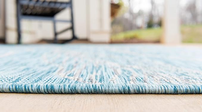 Unique Loom Outdoor Botanical Collection Area Rug - Leaf (2' x 6' 1" Runner, Light Aqua/ Ivory)