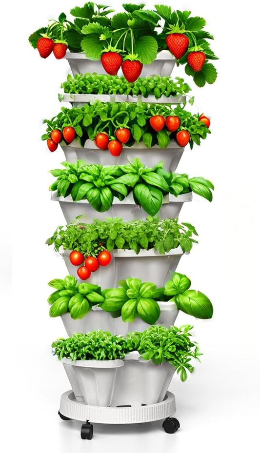 Strawberry Planters, 7 Tiered Vertical Stackable Planter, Herb Stacking Tower Garden, Flower Vegetable Planters with Support Pole, Indoor & Outdoor with Removable Wheels - White