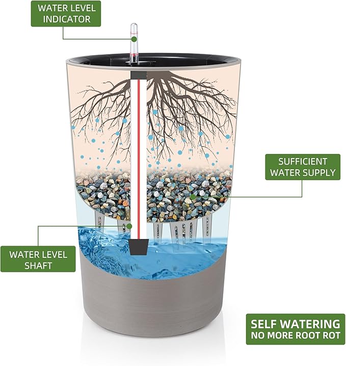 Dexceder 16x12 Tall Self Watering Planter High Cylinder Indoor Outdoor, Thickened Large Floor Standing Flower Plant Pot with Water Level Indicator (Coffee, Wire Drawing)