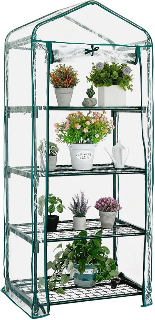 Mini Greenhouse for Indoor Outdoor, Small Plants Green House with 4 Tier Shelves, Portable Plastic Greenhouses with Transparent PVC Cover for Garden Backyard Patio Balcony Porch