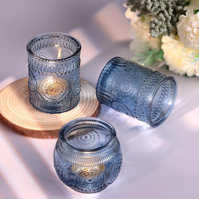 DARJEN 24Pcs Blue Votive Candle Holders - Glass Candle Holder for Party Decoration, Tea Lights Candle Holder for Wedding Shower & Gift