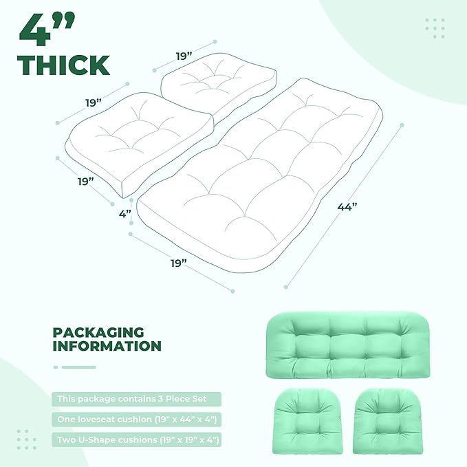 Wicker Chair Cushions, Waterproof Outdoor Loveseat Cushions for Patio Furniture, Tufted Wicker Furniture Cushions, 1 Loveseat and 2 U-Shaped Cushions, Cyan