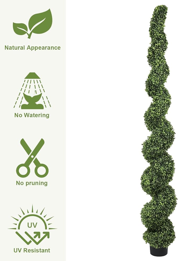 THE BLOOM TIMES 7ft Spiral Topiary Trees Artificial Outdoor Set of 2, 82 inch Faux Boxwood Plants Outside - All-Year Green Fake Twisted Tree for Garden Front Porch Planter Decor 7 Foot