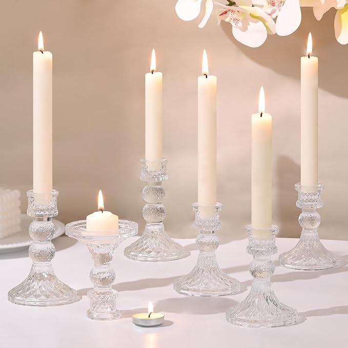 DARJEN Clear Glass Candlestick Holders Set of 6, 4" H & 5" H Taper Candle Holders for Candlesticks & Pillar Candles, Diamond Candle Holders for Wedding Party Table Centerpiece, Home Decor