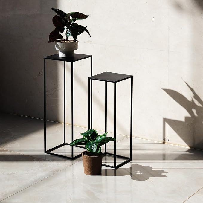 Pack of 2 Already installed Black Plant Stand,Dimension 9.84*H27.56in and 8.66*H23.62in,indoor stable steel frame Flower Stands drink table for party wedding Centrepieces Living Room Patio Garden