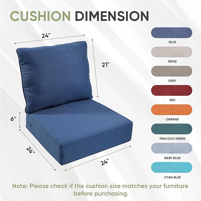 Outdoor Chair Cushions Set of 3, Waterproof 24x24 Patio Chair Cushion, 6" Thickened Seat Cushion for Outdoor Furniture, Couch Cushion Replacement, Include 3 Back & 3 Seat Cushions, Thick/Blue