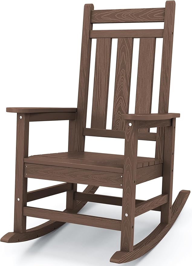 KINGYES Outdoor Rocking Chair, All-Weather Patio Rocking Chairs for Porch, HDPE Rocking Outdoor Chairs with High Back for Adult, Heavy Duty Outdoor Patio Rockers for Garden, Lawn, Brown