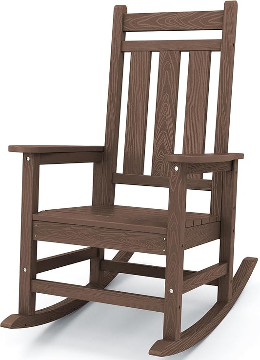 KINGYES Outdoor Rocking Chair, All-Weather Patio Rocking Chairs for Porch, HDPE Rocking Outdoor Chairs with High Back for Adult, Heavy Duty Outdoor Patio Rockers for Garden, Lawn, Brown