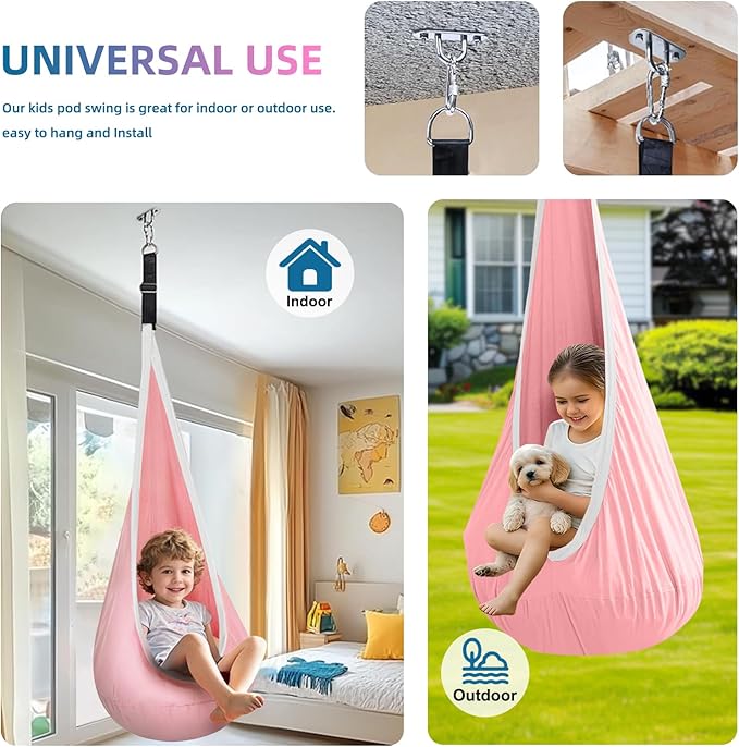Kids Swing Seat Hammock Chair Indoor Outdoor Hanging Chair for Children,Soft & Safe with High Weight Capacity, Easy Install Perfect for Bedroom, Garden, Playroom (Pink)