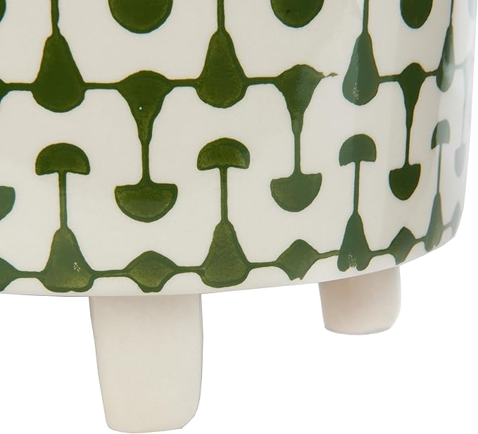 Creative Co-Op Footed Stoneware Planter with Abstract Print, Green and White