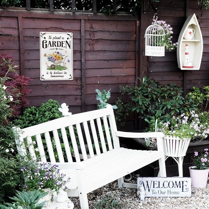 Vintage Tin Sign - 'Plant A Garden' for Home, Greenhouse - 12"x8"