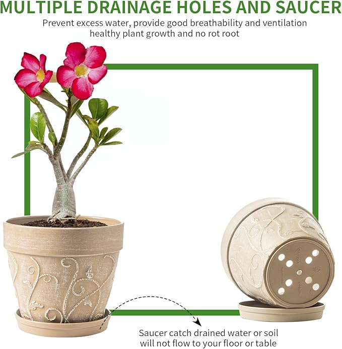 Melphoe Plant Pots Indoor with Drainage & Saucer, 2Pack 7/8 inch Flower Pots Outdoor Planters for Indoor Plants Garden Home Decor Cactus Succulent, Rigid Plastic (Imitation-Terracotta) Vine-Embossed