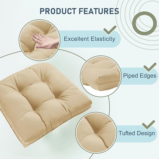 downluxe Outdoor Chair Cushions Set of 4 for Patio Furniture, Waterproof Tufted Overstuffed Patio Furniture Cushions, Thick Outdoor Seat Cushion, 19" X 19" X 5", Khaki