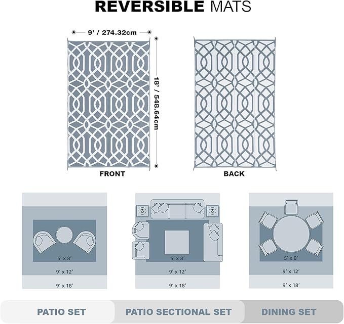 wikiwiki Outdoor Rug, 9x18ft Waterproof Reversible Mat Indoor Outdoor Rugs Carpet, Small Area Rug Plastic Straw Rug for Patio Deck Balcony Pool RV Camping Beach Picnic, Grey, Rugscape Series