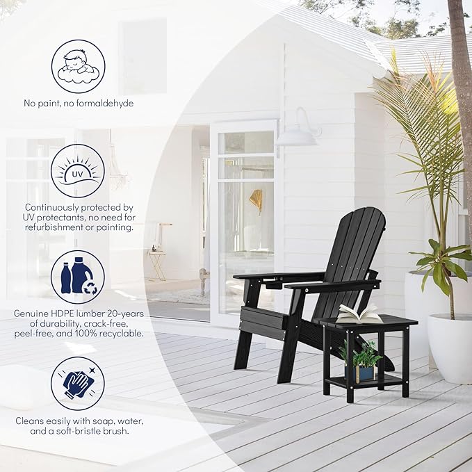 Plawdlik Folding Adirondack Chair Set of 6, Cup Holder，Wooden Textured ，Heavy All-Weather HDPE Comfortable Set Poolside Backyard Lawn, Black