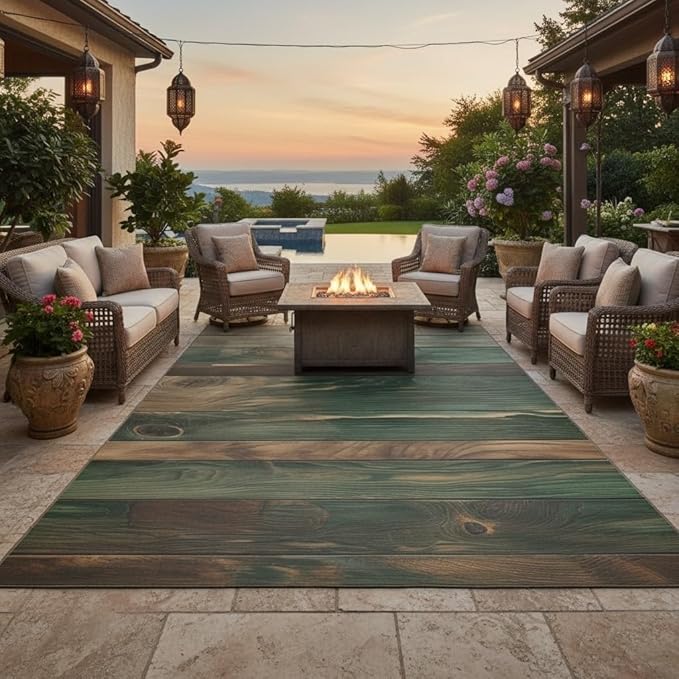 Green Brown Old Wooden Board Print Outdoor Area Rug for Patio Deck Balcony Backyard Porch Garden Durable Farmhouse Rugs 6x9 Natural Wood Grain Outdoor Carpet Anti Slip Waterproof Picnic Camping Mat