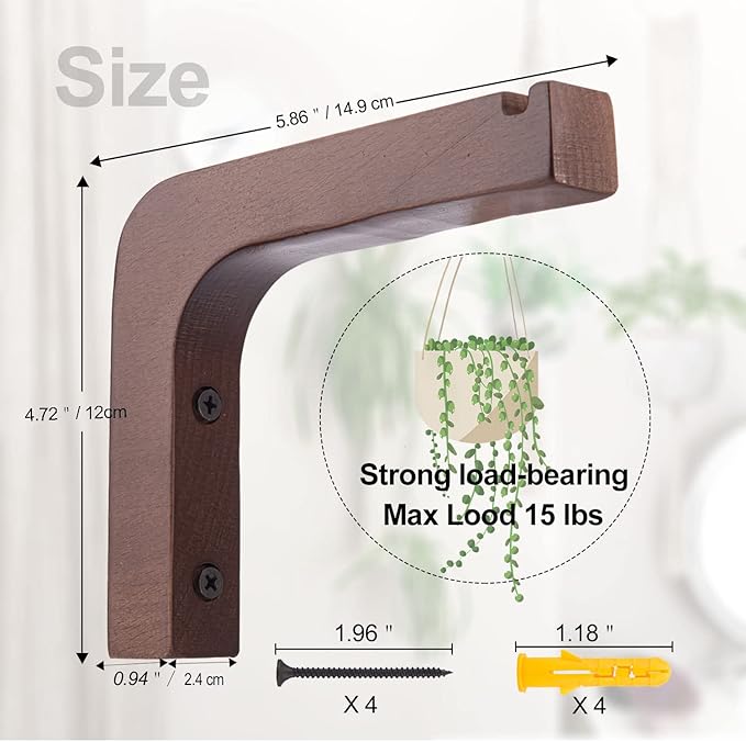 2 Pack Wooden Wall Hooks for Hanging Plants,Lanterns,Flower Bracket,Wind Chimes,Bird Feeders,Macrame Plant Hangers,5.9 inch Wooden Plant Hangers for Indoor Outdoor, Walnut Color